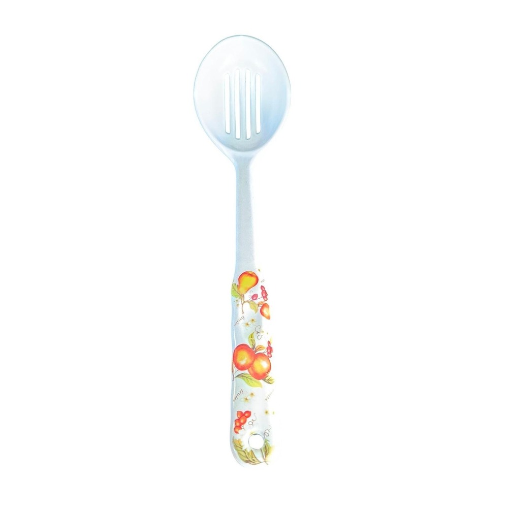 Melamine Ware Slotted Serving Spoon White Fruit Orchard Print‎ 12.5"